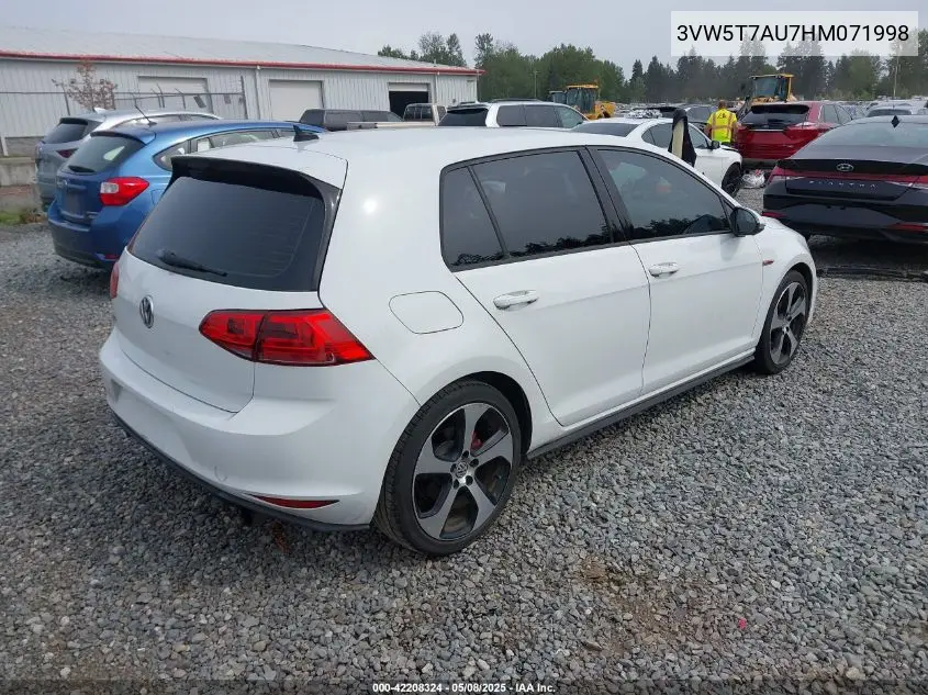 2017 Volkswagen Golf Gti Autobahn 4-Door/S 4-Door/Se 4-Door/Sport 4-Door VIN: 3VW5T7AU7HM071998 Lot: 42208324