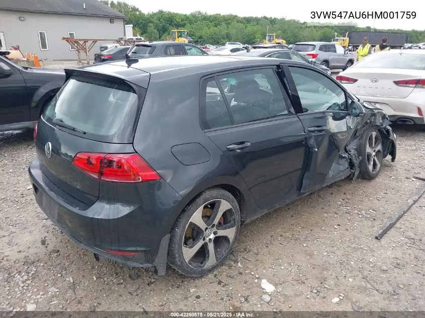 2017 Volkswagen Golf Gti Se 4-Door VIN: 3VW547AU6HM001759 Lot: 42260575