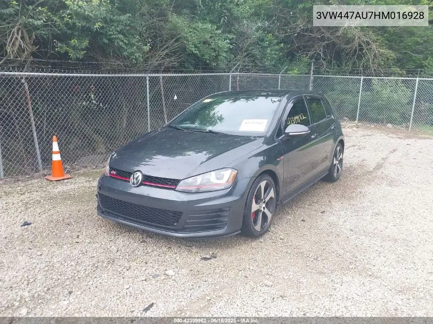 2017 Volkswagen Golf Gti Autobahn 4-Door/S 4-Door/Se 4-Door/Sport 4-Door VIN: 3VW447AU7HM016928 Lot: 42399982