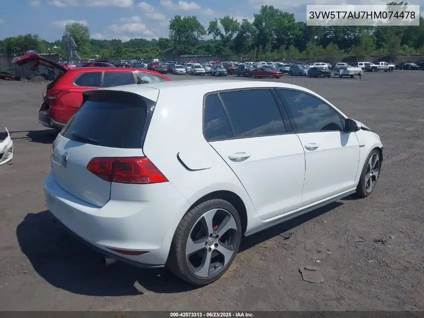 2017 Volkswagen Golf Gti Autobahn 4-Door/S 4-Door/Se 4-Door/Sport 4-Door VIN: 3VW5T7AU7HM074478 Lot: 42573313