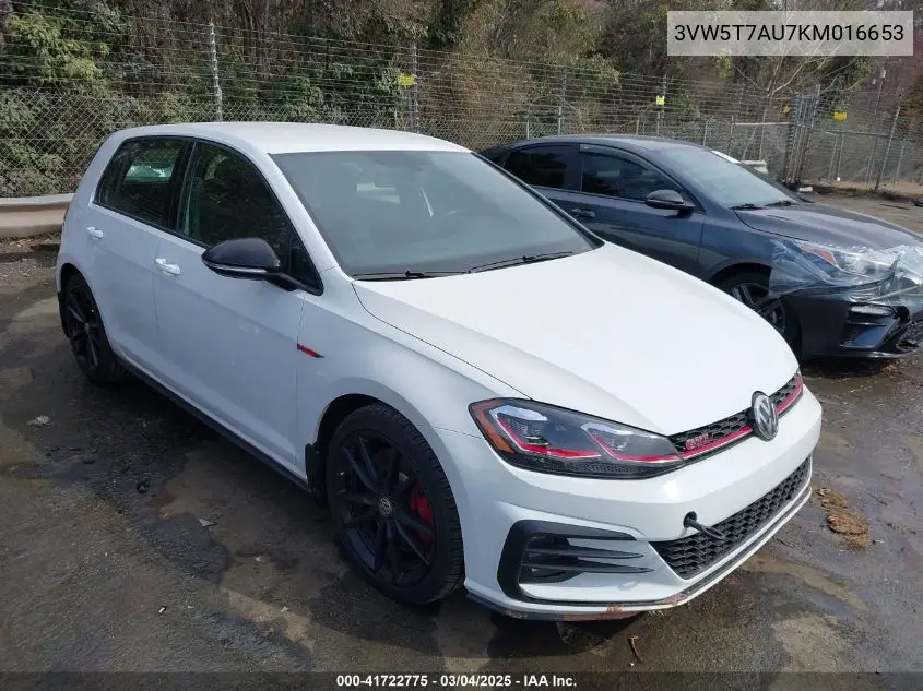 2019 Volkswagen Golf Gti 2.0T Autobahn/2.0T Rabbit Edition/2.0T S/2.0T Se VIN: 3VW5T7AU7KM016653 Lot: 41722775
