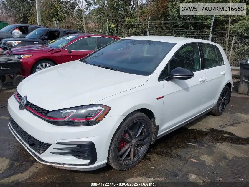 2019 Volkswagen Golf Gti 2.0T Autobahn/2.0T Rabbit Edition/2.0T S/2.0T Se VIN: 3VW5T7AU7KM016653 Lot: 41722775
