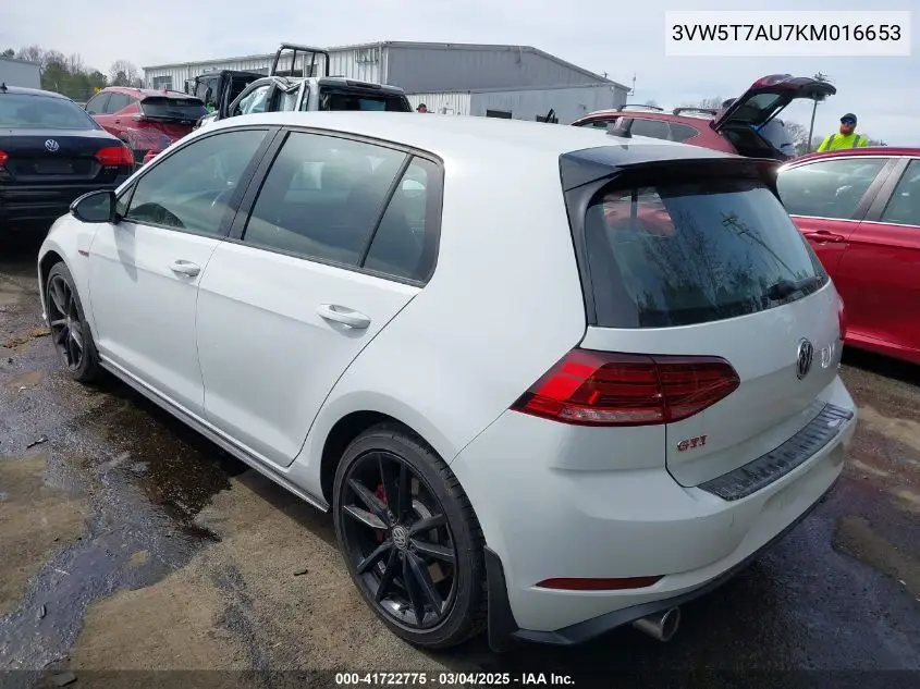 2019 Volkswagen Golf Gti 2.0T Autobahn/2.0T Rabbit Edition/2.0T S/2.0T Se VIN: 3VW5T7AU7KM016653 Lot: 41722775