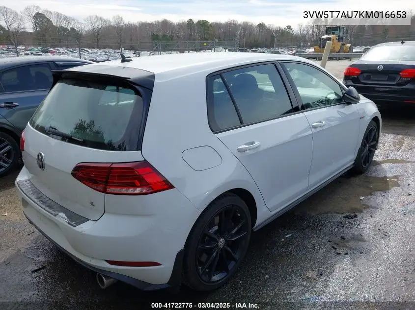 2019 Volkswagen Golf Gti 2.0T Autobahn/2.0T Rabbit Edition/2.0T S/2.0T Se VIN: 3VW5T7AU7KM016653 Lot: 41722775