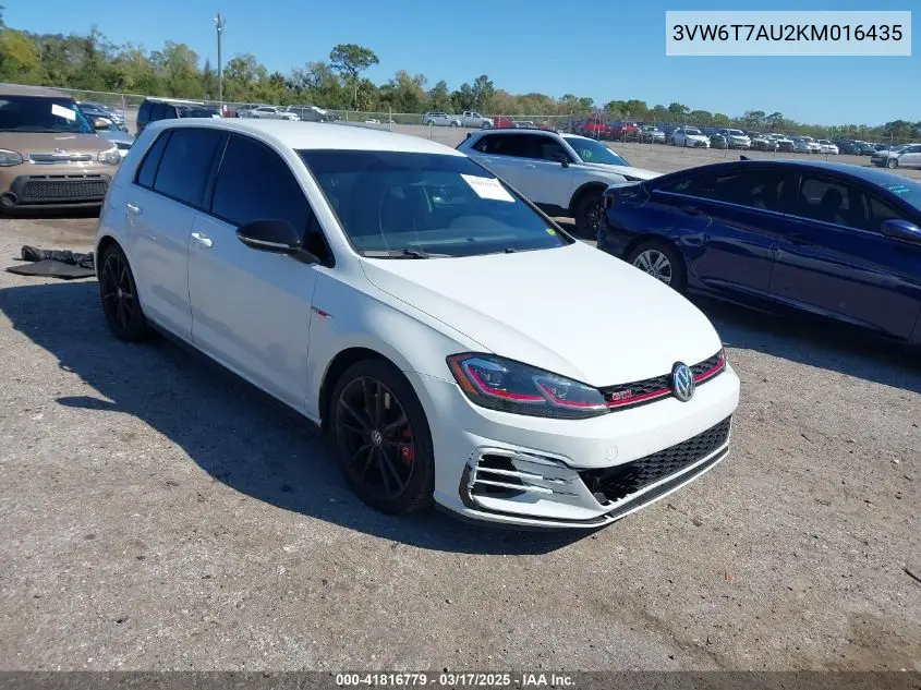 2019 Volkswagen Golf Gti 2.0T Autobahn/2.0T Rabbit Edition/2.0T S/2.0T Se VIN: 3VW6T7AU2KM016435 Lot: 41816779