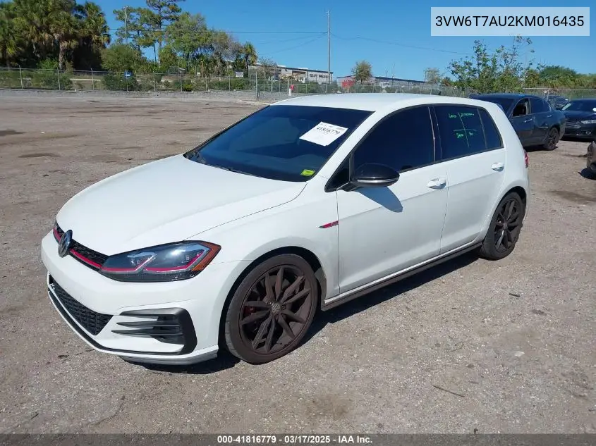 2019 Volkswagen Golf Gti 2.0T Autobahn/2.0T Rabbit Edition/2.0T S/2.0T Se VIN: 3VW6T7AU2KM016435 Lot: 41816779