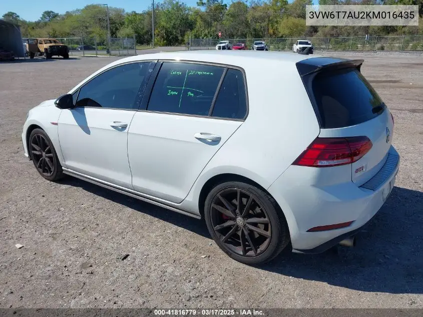2019 Volkswagen Golf Gti 2.0T Autobahn/2.0T Rabbit Edition/2.0T S/2.0T Se VIN: 3VW6T7AU2KM016435 Lot: 41816779