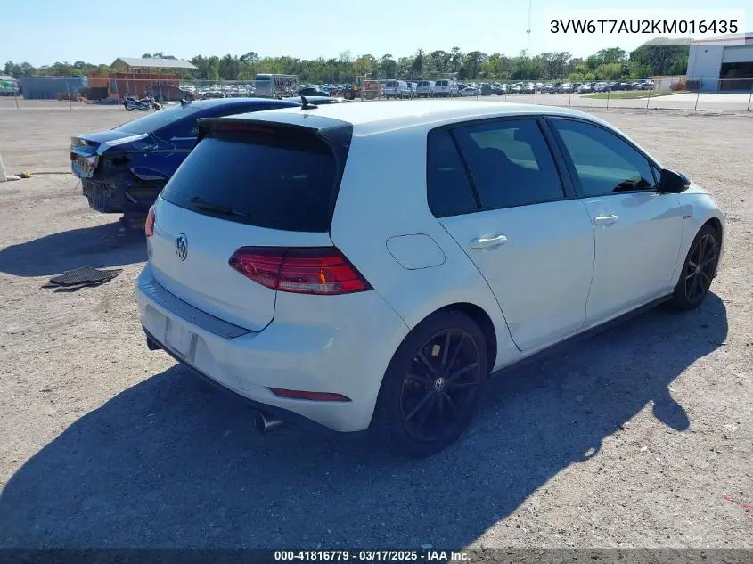 2019 Volkswagen Golf Gti 2.0T Autobahn/2.0T Rabbit Edition/2.0T S/2.0T Se VIN: 3VW6T7AU2KM016435 Lot: 41816779