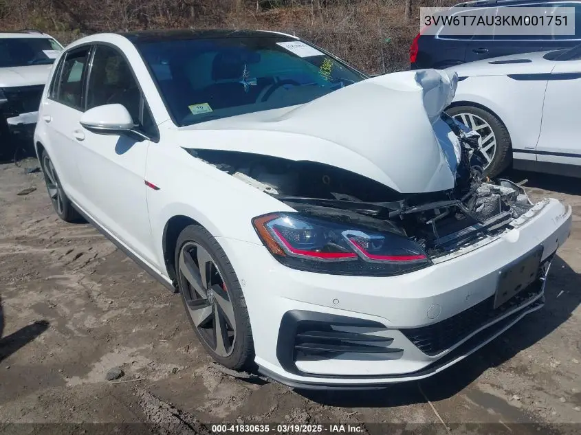 2019 Volkswagen Golf Gti 2.0T Autobahn/2.0T Rabbit Edition/2.0T S/2.0T Se VIN: 3VW6T7AU3KM001751 Lot: 41830635