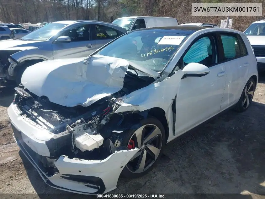 2019 Volkswagen Golf Gti 2.0T Autobahn/2.0T Rabbit Edition/2.0T S/2.0T Se VIN: 3VW6T7AU3KM001751 Lot: 41830635