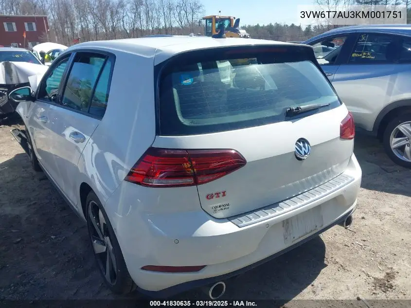 2019 Volkswagen Golf Gti 2.0T Autobahn/2.0T Rabbit Edition/2.0T S/2.0T Se VIN: 3VW6T7AU3KM001751 Lot: 41830635