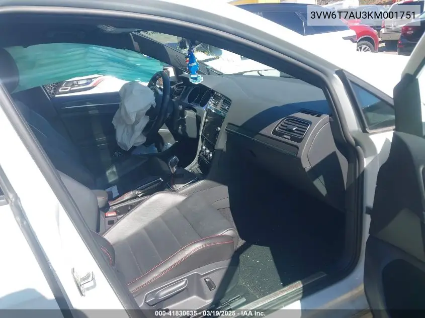 2019 Volkswagen Golf Gti 2.0T Autobahn/2.0T Rabbit Edition/2.0T S/2.0T Se VIN: 3VW6T7AU3KM001751 Lot: 41830635