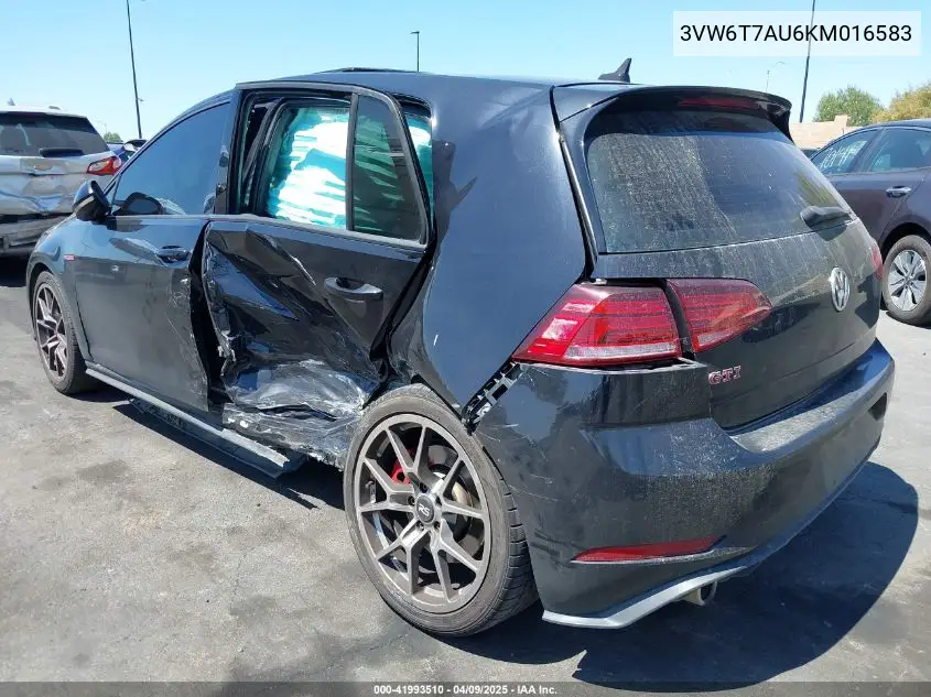 2019 Volkswagen Golf Gti 2.0T Autobahn/2.0T Rabbit Edition/2.0T S/2.0T Se VIN: 3VW6T7AU6KM016583 Lot: 41993510