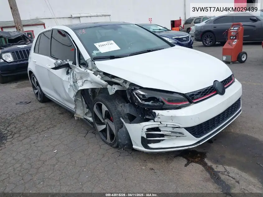 2019 Volkswagen Golf Gti 2.0T Autobahn/2.0T Rabbit Edition/2.0T S/2.0T Se VIN: 3VW5T7AU4KM029439 Lot: 42015226