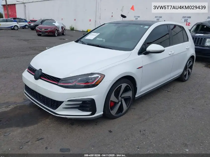 2019 Volkswagen Golf Gti 2.0T Autobahn/2.0T Rabbit Edition/2.0T S/2.0T Se VIN: 3VW5T7AU4KM029439 Lot: 42015226