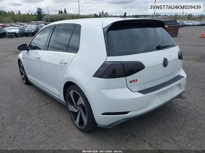 2019 Volkswagen Golf Gti 2.0T Autobahn/2.0T Rabbit Edition/2.0T S/2.0T Se VIN: 3VW5T7AU4KM029439 Lot: 42015226