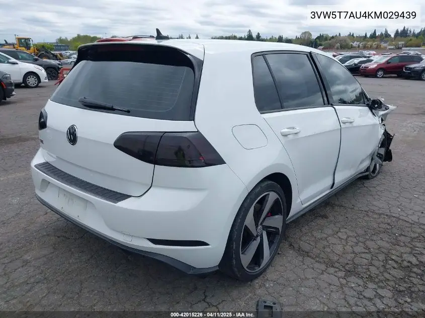 2019 Volkswagen Golf Gti 2.0T Autobahn/2.0T Rabbit Edition/2.0T S/2.0T Se VIN: 3VW5T7AU4KM029439 Lot: 42015226