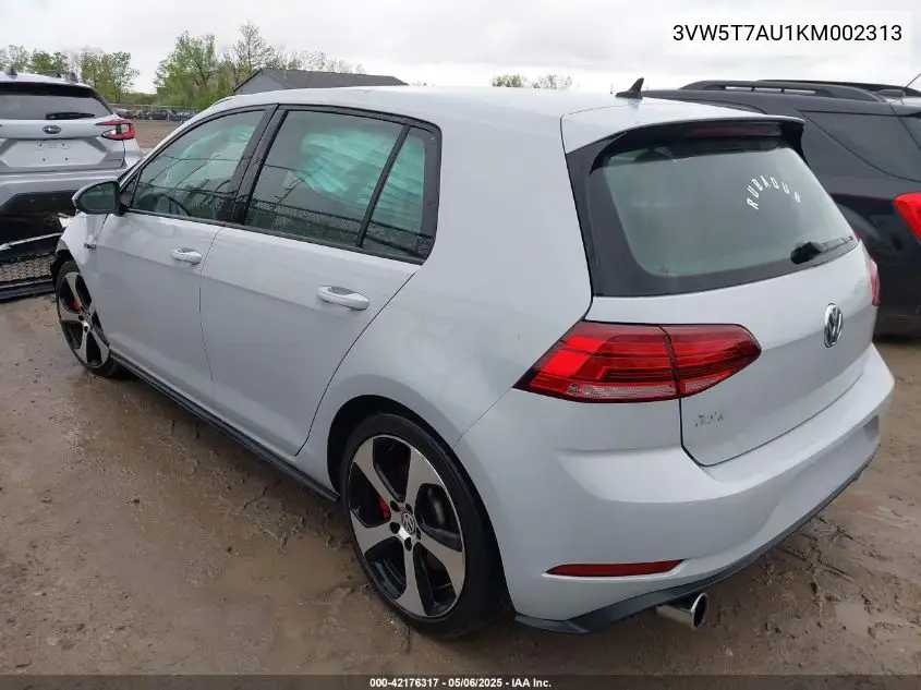 2019 Volkswagen Golf Gti 2.0T Autobahn/2.0T Rabbit Edition/2.0T S/2.0T Se VIN: 3VW5T7AU1KM002313 Lot: 42176317
