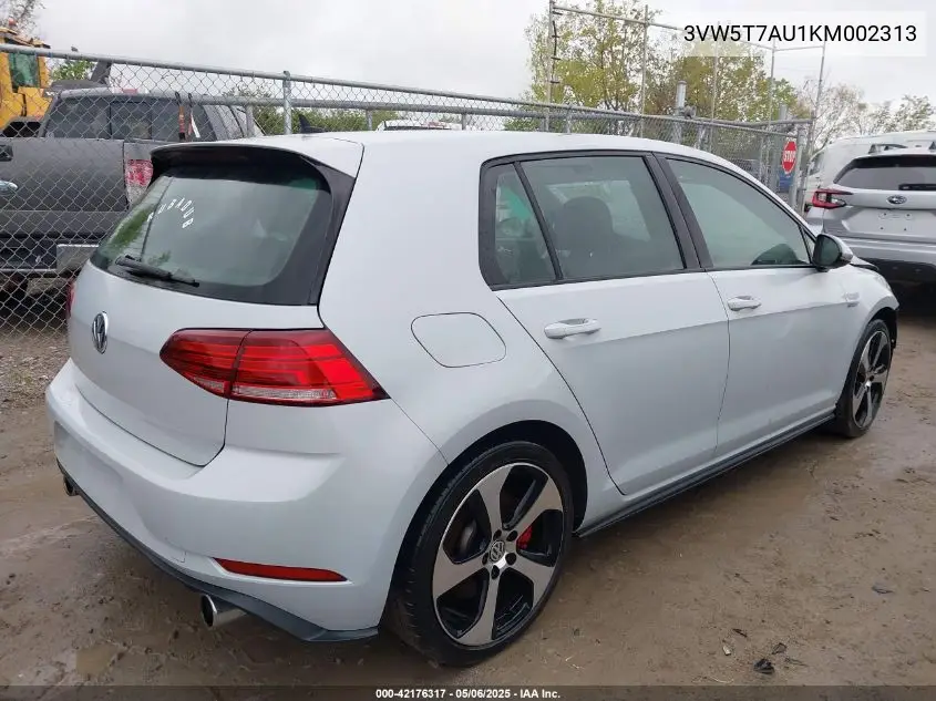 2019 Volkswagen Golf Gti 2.0T Autobahn/2.0T Rabbit Edition/2.0T S/2.0T Se VIN: 3VW5T7AU1KM002313 Lot: 42176317