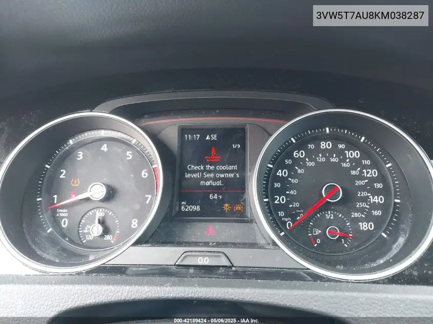 2019 Volkswagen Golf Gti 2.0T Autobahn/2.0T Rabbit Edition/2.0T S/2.0T Se VIN: 3VW5T7AU8KM038287 Lot: 42189424