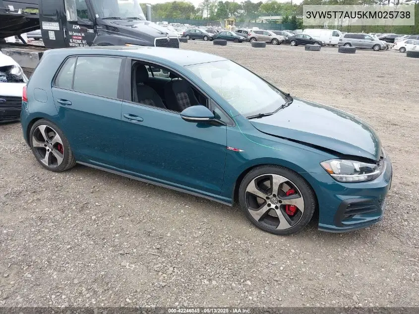 2019 Volkswagen Golf Gti 2.0T Autobahn/2.0T Rabbit Edition/2.0T S/2.0T Se VIN: 3VW5T7AU5KM025738 Lot: 42246345