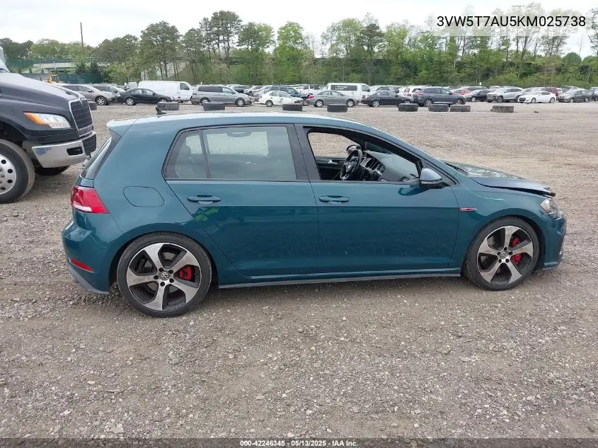 2019 Volkswagen Golf Gti 2.0T Autobahn/2.0T Rabbit Edition/2.0T S/2.0T Se VIN: 3VW5T7AU5KM025738 Lot: 42246345