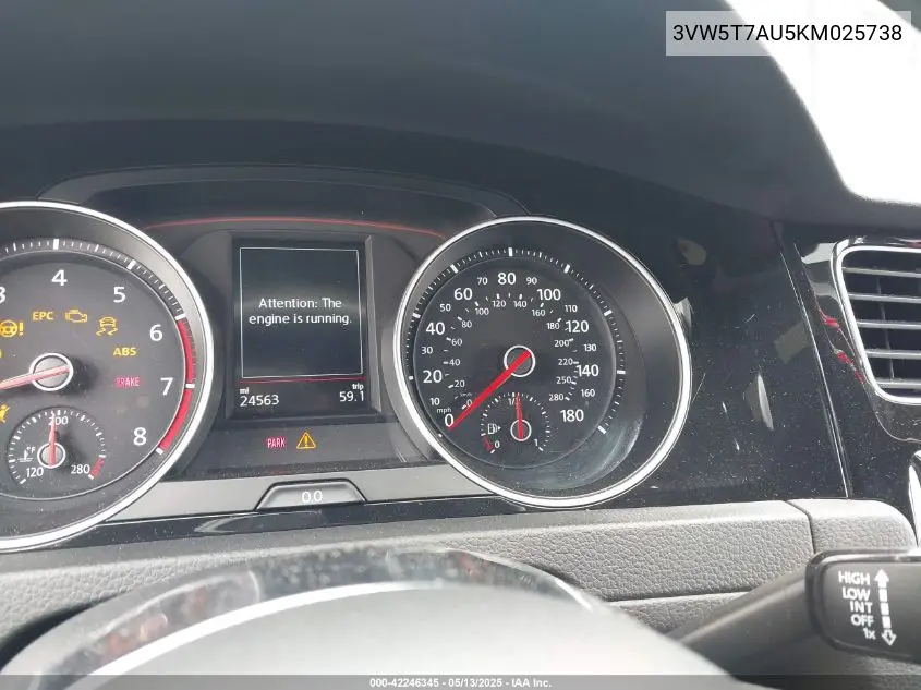 2019 Volkswagen Golf Gti 2.0T Autobahn/2.0T Rabbit Edition/2.0T S/2.0T Se VIN: 3VW5T7AU5KM025738 Lot: 42246345
