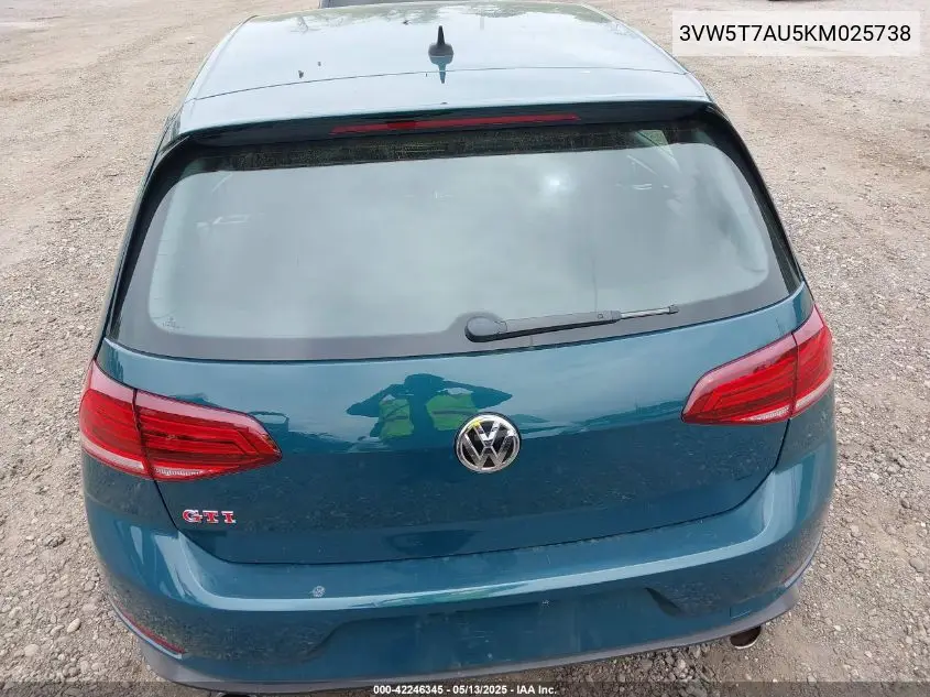 2019 Volkswagen Golf Gti 2.0T Autobahn/2.0T Rabbit Edition/2.0T S/2.0T Se VIN: 3VW5T7AU5KM025738 Lot: 42246345