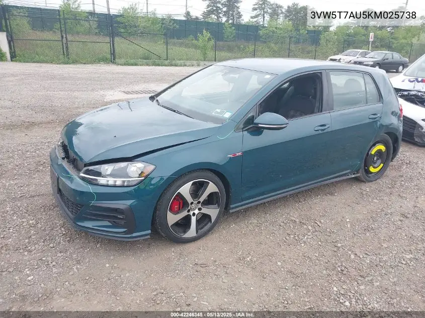2019 Volkswagen Golf Gti 2.0T Autobahn/2.0T Rabbit Edition/2.0T S/2.0T Se VIN: 3VW5T7AU5KM025738 Lot: 42246345