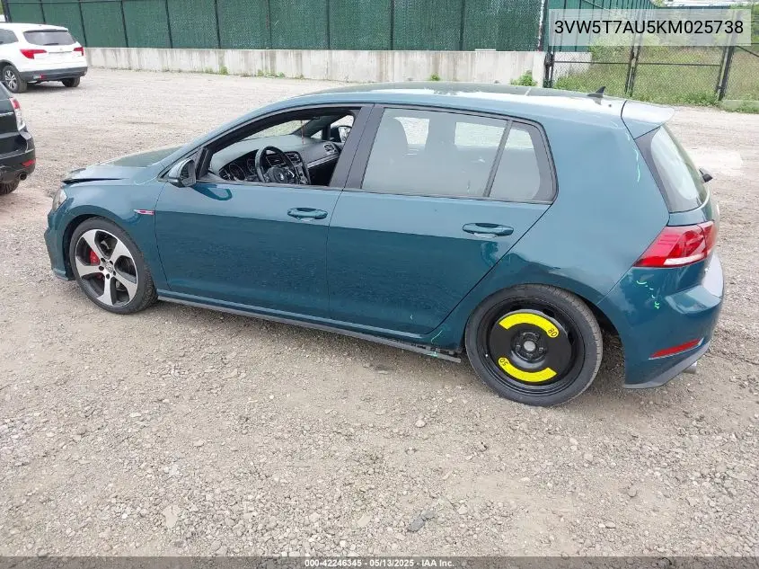 2019 Volkswagen Golf Gti 2.0T Autobahn/2.0T Rabbit Edition/2.0T S/2.0T Se VIN: 3VW5T7AU5KM025738 Lot: 42246345