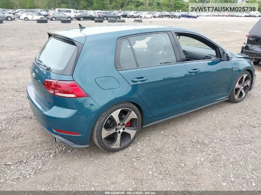 2019 Volkswagen Golf Gti 2.0T Autobahn/2.0T Rabbit Edition/2.0T S/2.0T Se VIN: 3VW5T7AU5KM025738 Lot: 42246345