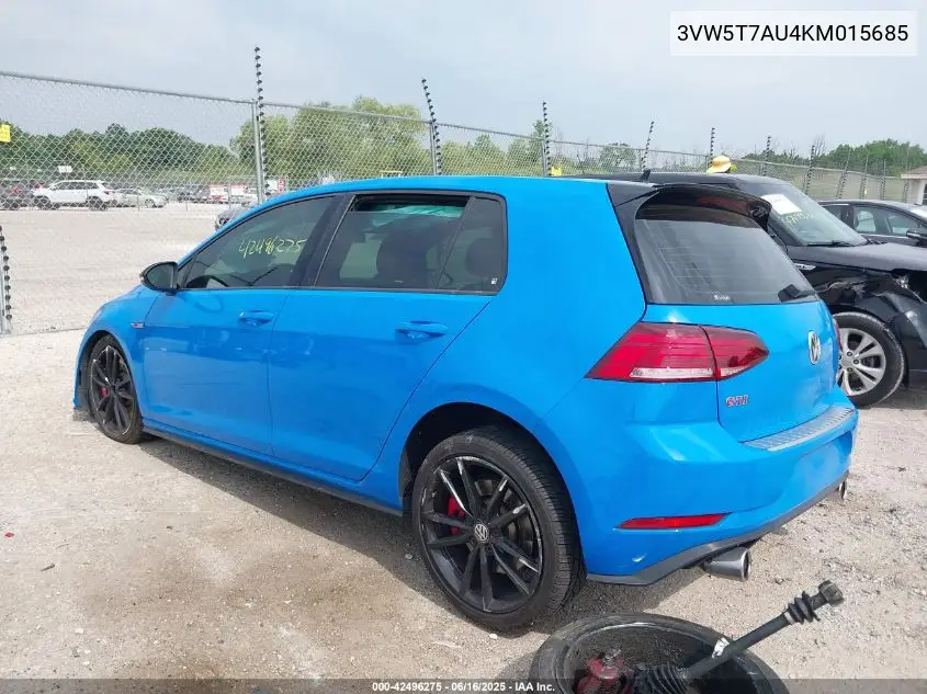 2019 Volkswagen Golf Gti 2.0T Autobahn/2.0T Rabbit Edition/2.0T S/2.0T Se VIN: 3VW5T7AU4KM015685 Lot: 42496275