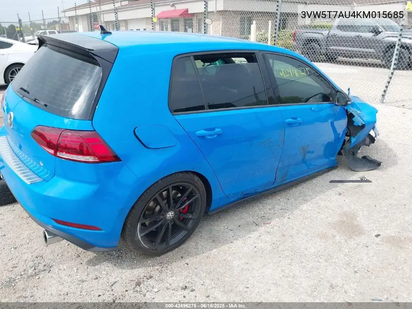 2019 Volkswagen Golf Gti 2.0T Autobahn/2.0T Rabbit Edition/2.0T S/2.0T Se VIN: 3VW5T7AU4KM015685 Lot: 42496275
