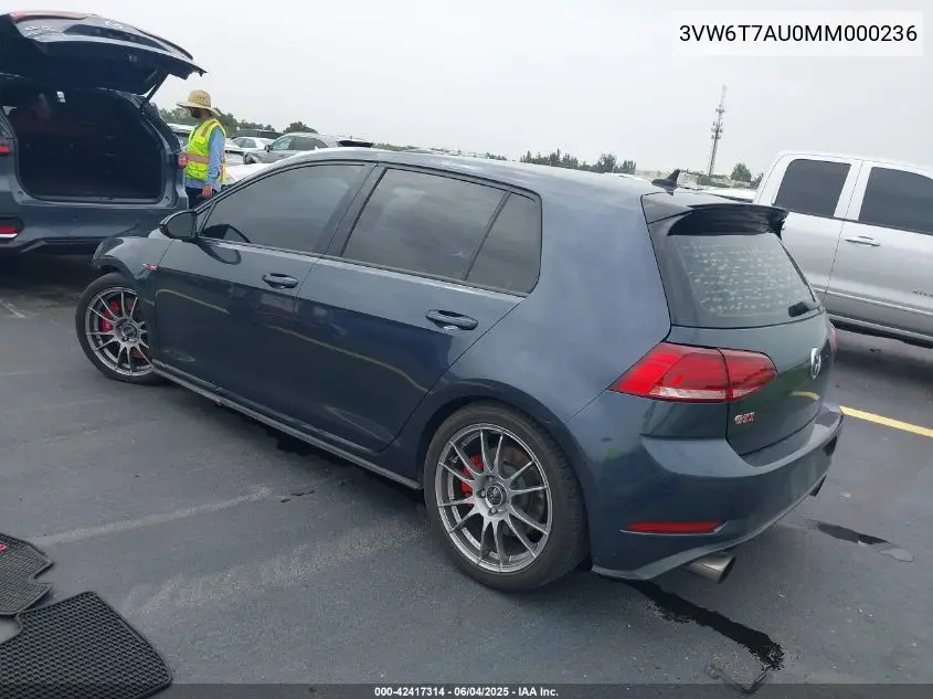 2021 Volkswagen Golf Gti 2.0T Autobahn/2.0T S/2.0T Se VIN: 3VW6T7AU0MM000236 Lot: 42417314