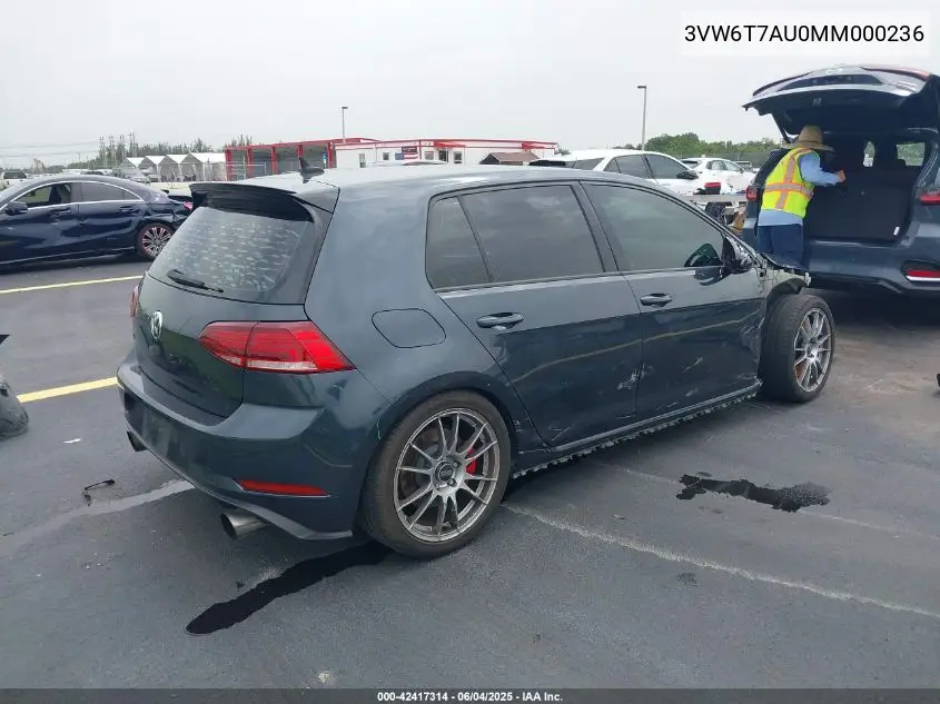 2021 Volkswagen Golf Gti 2.0T Autobahn/2.0T S/2.0T Se VIN: 3VW6T7AU0MM000236 Lot: 42417314