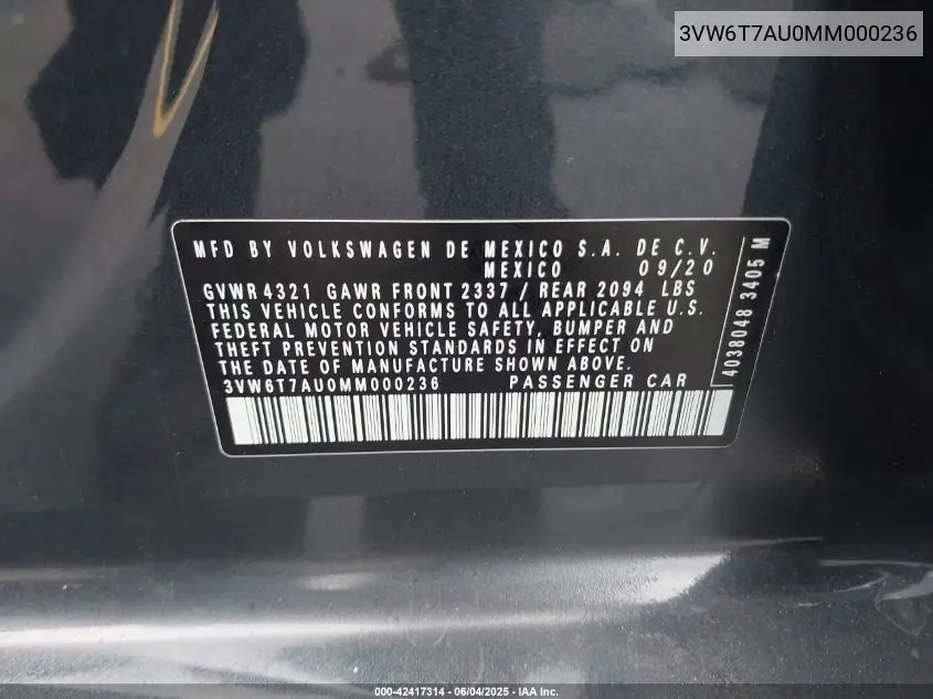 2021 Volkswagen Golf Gti 2.0T Autobahn/2.0T S/2.0T Se VIN: 3VW6T7AU0MM000236 Lot: 42417314