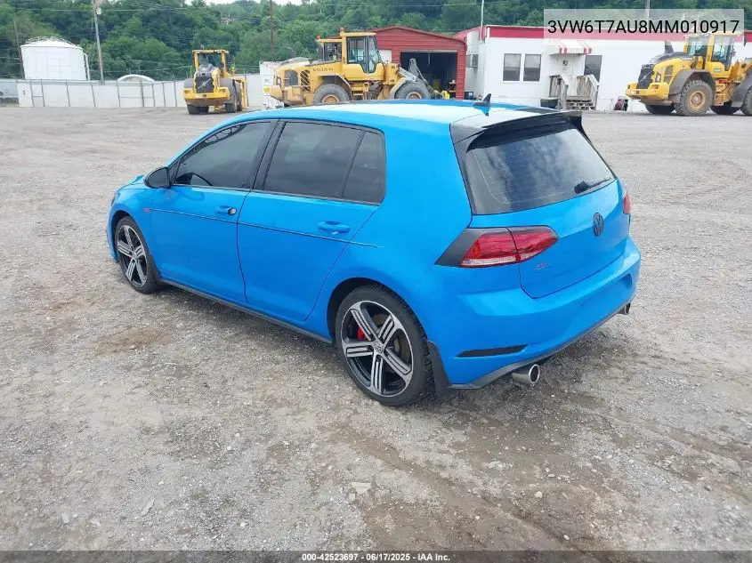 2021 Volkswagen Golf Gti 2.0T Autobahn/2.0T S/2.0T Se VIN: 3VW6T7AU8MM010917 Lot: 42523697