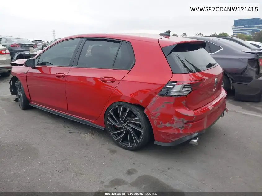 2022 Volkswagen Golf Gti 2.0T Autobahn VIN: WVW587CD4NW121415 Lot: 42153013