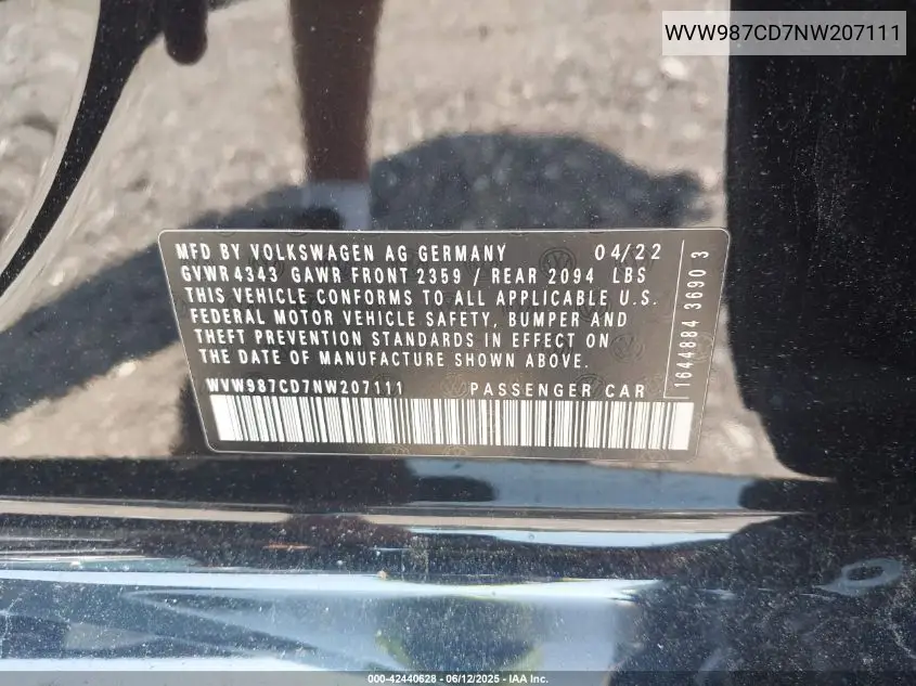2022 Volkswagen Golf Gti 2.0T Se VIN: WVW987CD7NW207111 Lot: 42440628