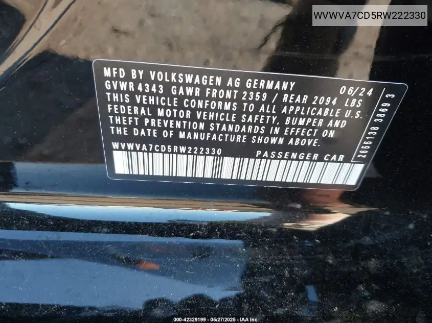 2024 Volkswagen Golf Gti 2.0T Autobahn VIN: WVWVA7CD5RW222330 Lot: 42329199