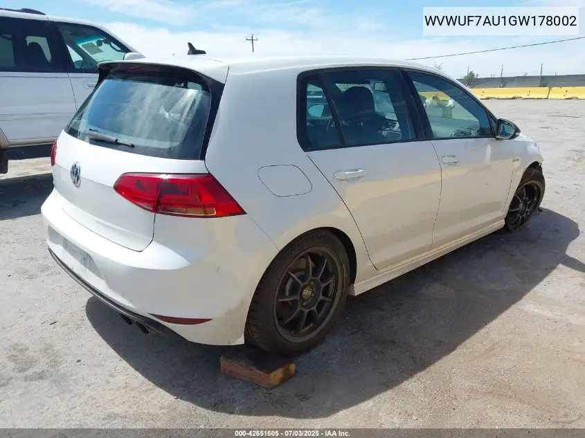 2016 Volkswagen Golf R 4-Door VIN: WVWUF7AU1GW178002 Lot: 42651605