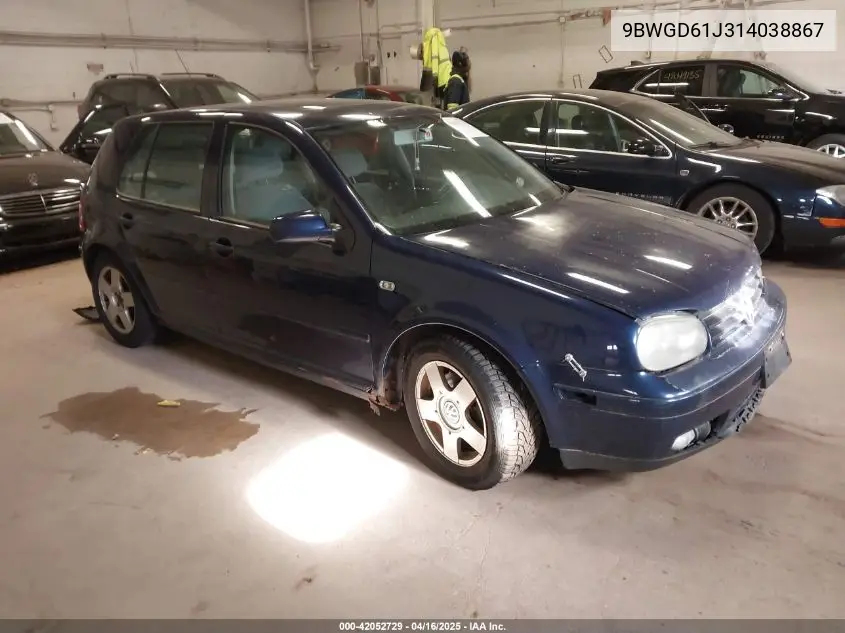 2001 Volkswagen Golf Gls 1.8L Turbo VIN: 9BWGD61J314038867 Lot: 42052729