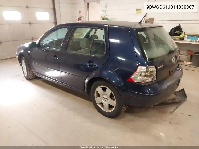 2001 Volkswagen Golf Gls 1.8L Turbo VIN: 9BWGD61J314038867 Lot: 42052729