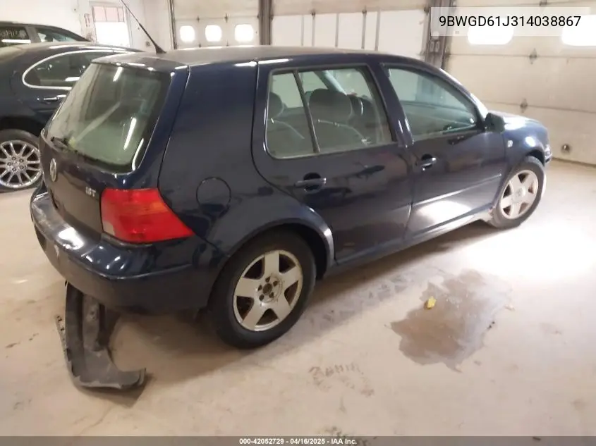 2001 Volkswagen Golf Gls 1.8L Turbo VIN: 9BWGD61J314038867 Lot: 42052729