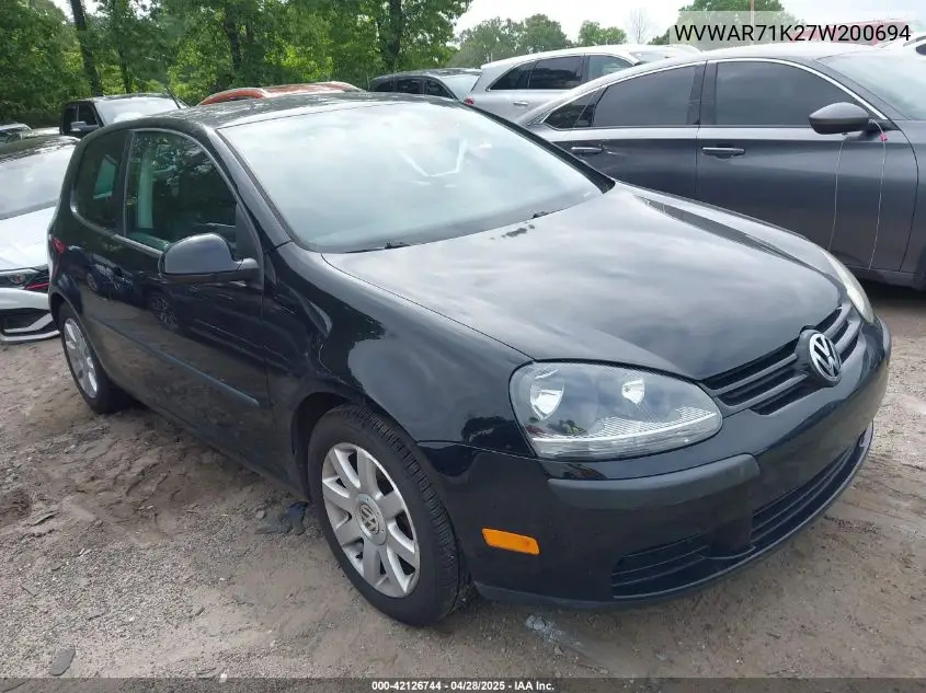 2007 Volkswagen Rabbit 2-Door VIN: WVWAR71K27W200694 Lot: 42126744