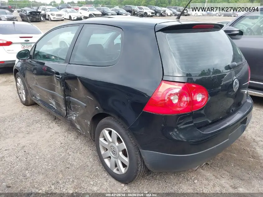 2007 Volkswagen Rabbit 2-Door VIN: WVWAR71K27W200694 Lot: 42126744