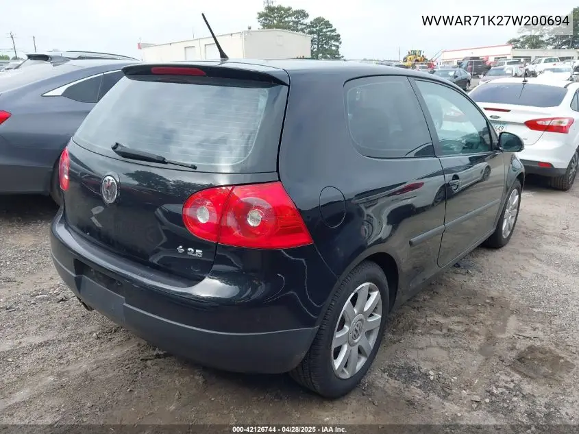 2007 Volkswagen Rabbit 2-Door VIN: WVWAR71K27W200694 Lot: 42126744