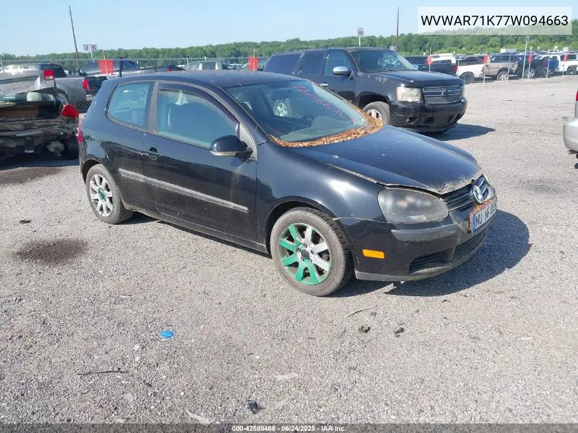 2007 Volkswagen Rabbit 2-Door VIN: WVWAR71K77W094663 Lot: 42588486