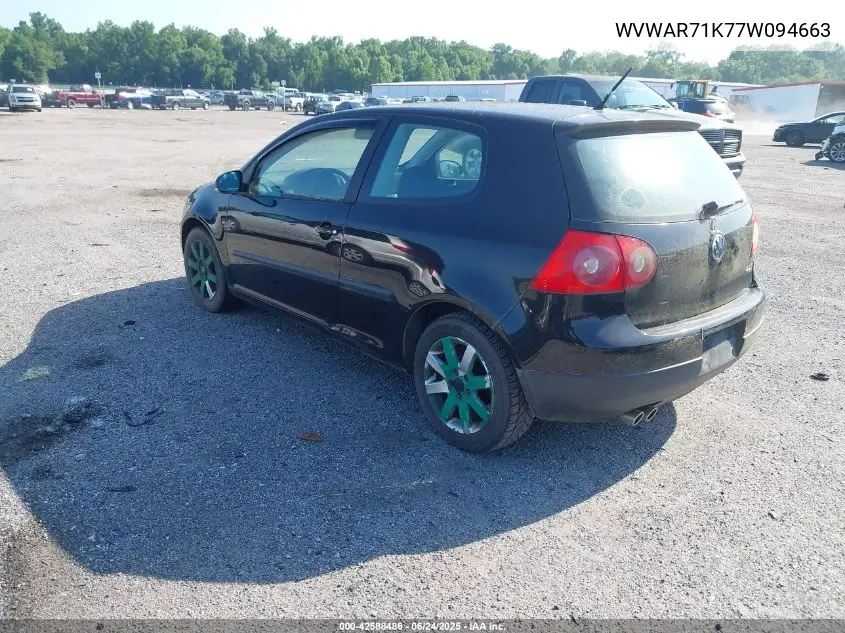 2007 Volkswagen Rabbit 2-Door VIN: WVWAR71K77W094663 Lot: 42588486