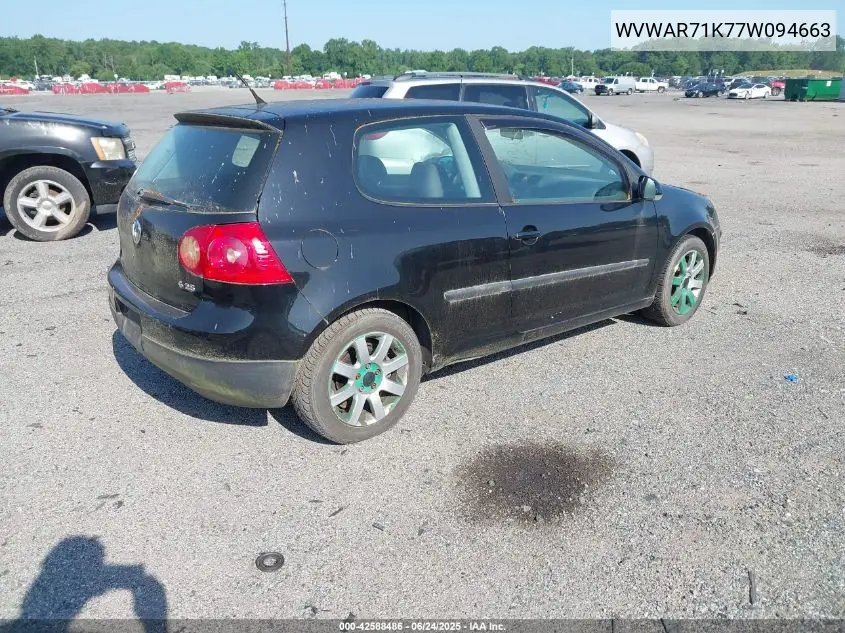 2007 Volkswagen Rabbit 2-Door VIN: WVWAR71K77W094663 Lot: 42588486